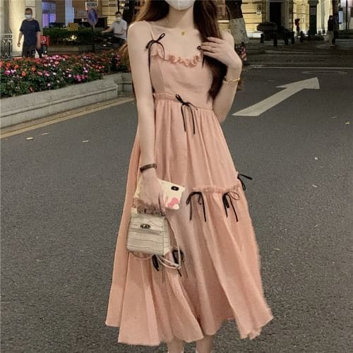 Spaghetti Strap Plain Bow Ruffled Midi