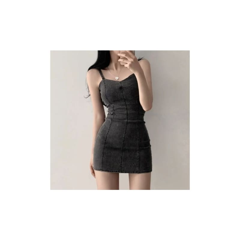 Spaghetti Strap Plain Denim Mini Bodycon Dress - Black