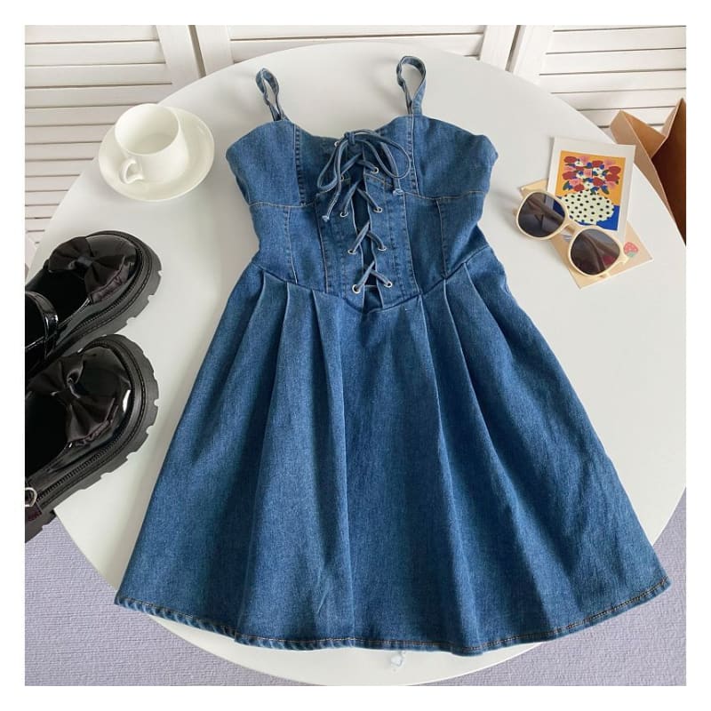 Spaghetti Strap Plain Lace-Up Denim Mini A-Line Dress