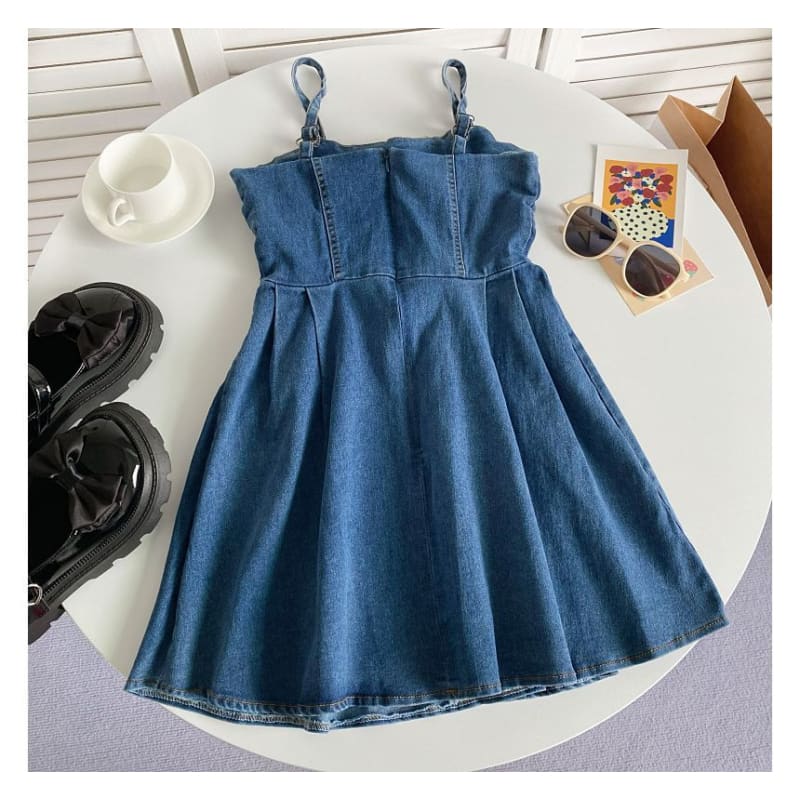 Spaghetti Strap Plain Lace-Up Denim Mini A-Line Dress