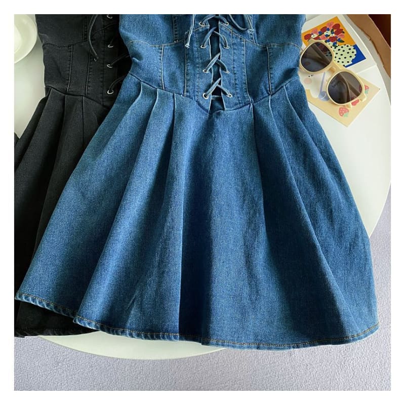 Spaghetti Strap Plain Lace-Up Denim Mini A-Line Dress