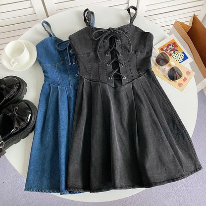 Spaghetti Strap Plain Lace-Up Denim Mini A-Line Dress