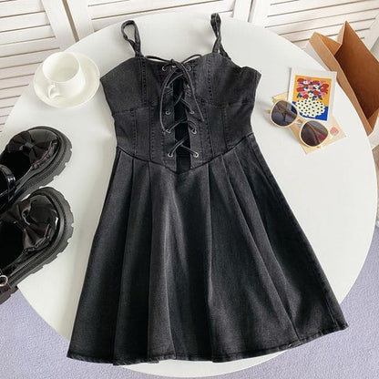 Spaghetti Strap Plain Lace-Up Denim Mini A-Line Dress