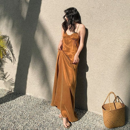 Spaghetti Strap Plain Maxi Smock Dress - Gold / S - Dresses