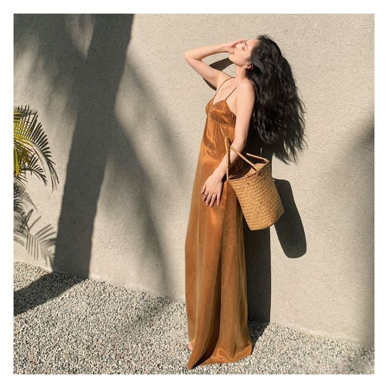 Spaghetti Strap Plain Maxi Smock Dress - Gold / S - Dresses