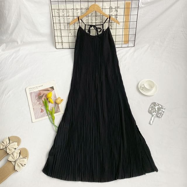 Spaghetti Strap Plain Maxi Sundress - Black / One Size