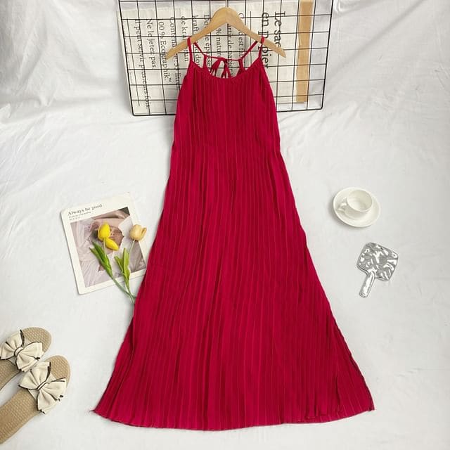 Spaghetti Strap Plain Maxi Sundress - Red / One Size