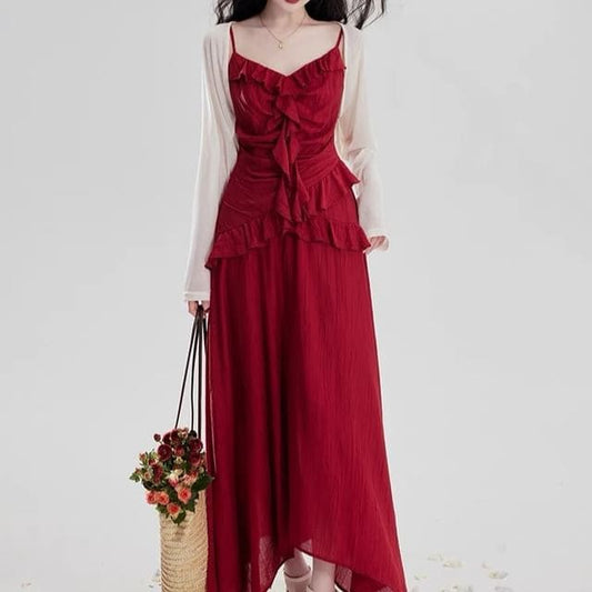 Spaghetti Strap Plain Ruffle Asymmetrical Maxi Sundress