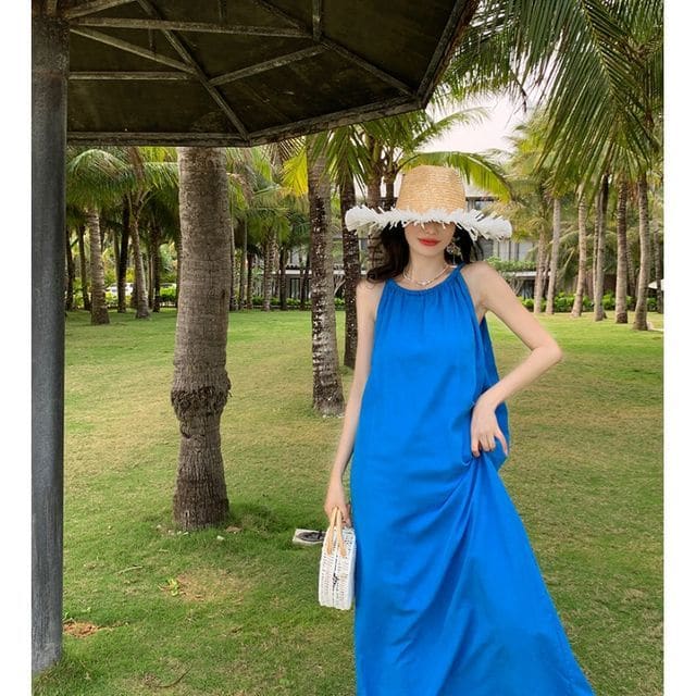 Spaghetti Strap Plain Shirred Maxi Sundress - Blue / S