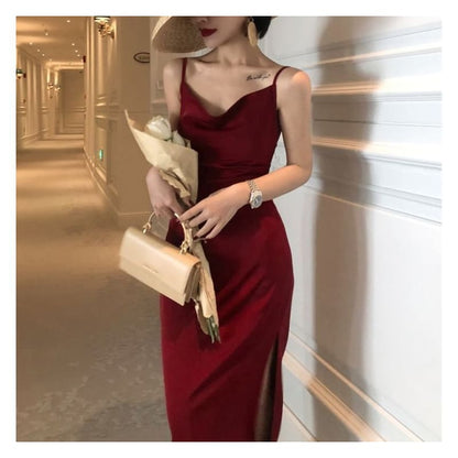 Spaghetti-Strap Plain Side Slit Dress