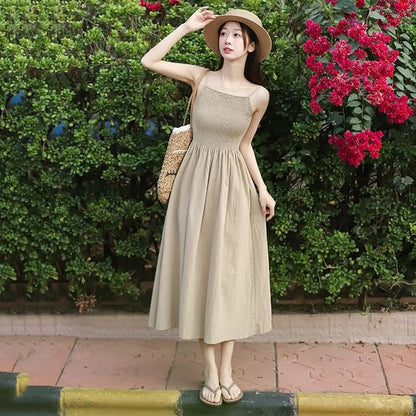 Spaghetti Strap Plain Smocked Midi