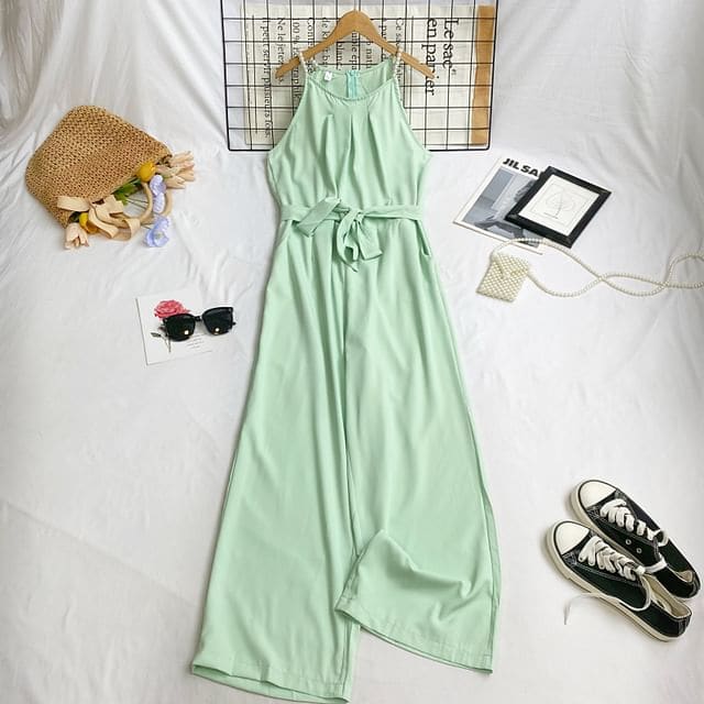 Spaghetti Strap Plain Tie-Waist Wide Leg Jumpsuit - Pea