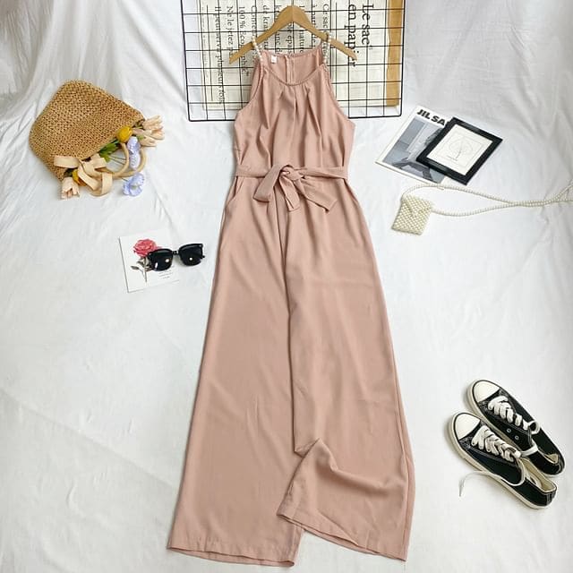 Spaghetti Strap Plain Tie-Waist Wide Leg Jumpsuit - Pink