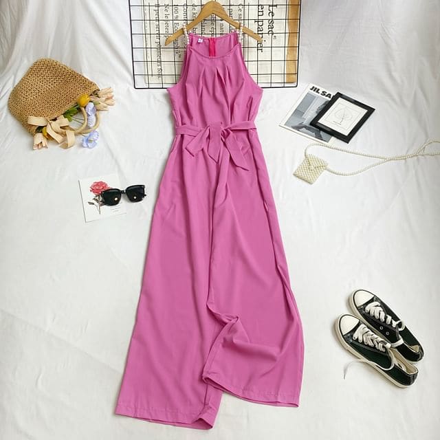 Spaghetti Strap Plain Tie-Waist Wide Leg Jumpsuit - Rose