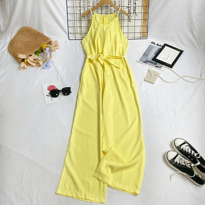 Spaghetti Strap Plain Tie-Waist Wide Leg Jumpsuit - Yellow