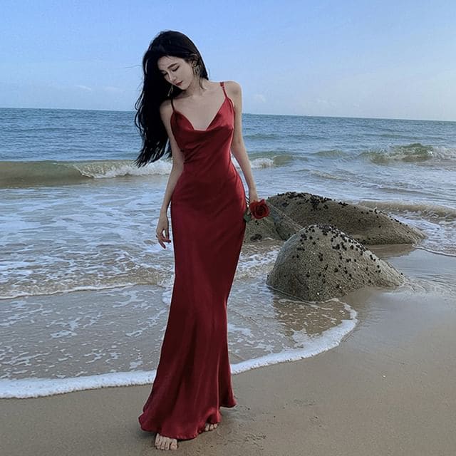 Spaghetti Strap Satin Midi Mermaid Dress - Red / S - Dress