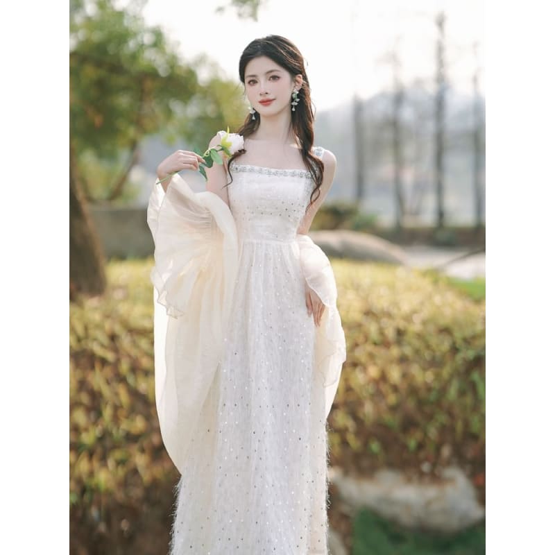 Spaghetti Strap Sequined Feather Midi