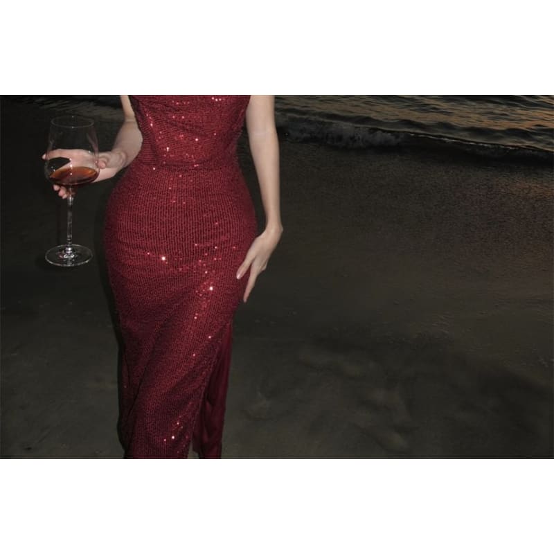 Spaghetti Strap Sequined Slit Midi Bodycon Dress