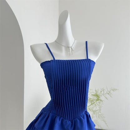 Spaghetti Strap Square Neck Two Tone Pintuck Ruffle Tiered