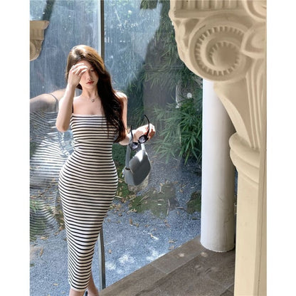 Spaghetti Strap Striped Midi Bodycon Dress