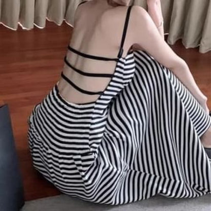 Spaghetti Strap Striped Open Back Midi