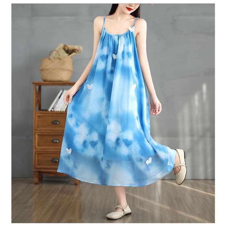 Spaghetti Strap Tie Dye Butterfly Detail Gathered Maxi