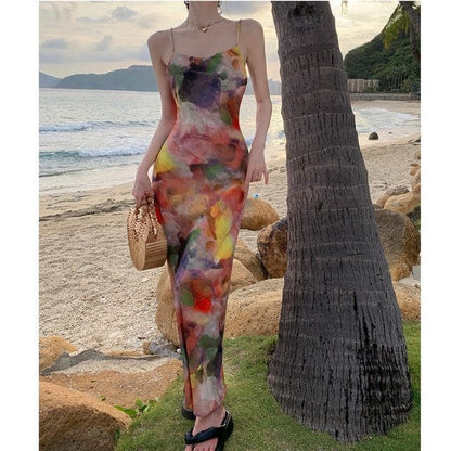 Spaghetti Strap Tie-Dyed Midi Mermaid Dress - White / S