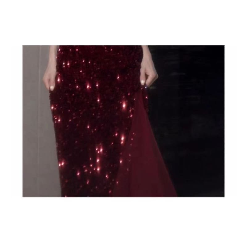 Spaghetti Strap Two Tone Sequin Slit Panel Mesh A-Line