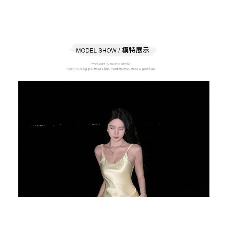 Spaghetti Strap U-Neck Satin Plain Maxi Bodycon Dress