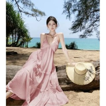 Spaghetti Strap V-Neck Plain Shirred Midi Sundress - Pink