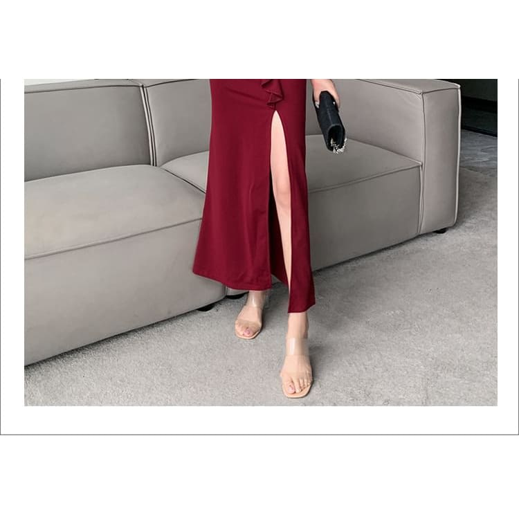 Spaghetti Strap V-Neck Plain Slit Maxi Sheath Dress