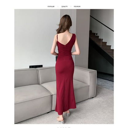 Spaghetti Strap V-Neck Plain Slit Maxi Sheath Dress