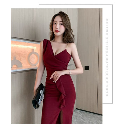 Spaghetti Strap V-Neck Plain Slit Maxi Sheath Dress