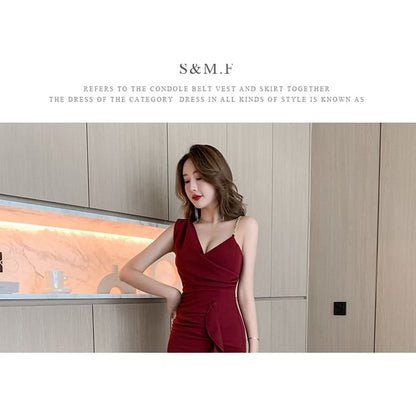 Spaghetti Strap V-Neck Plain Slit Maxi Sheath Dress