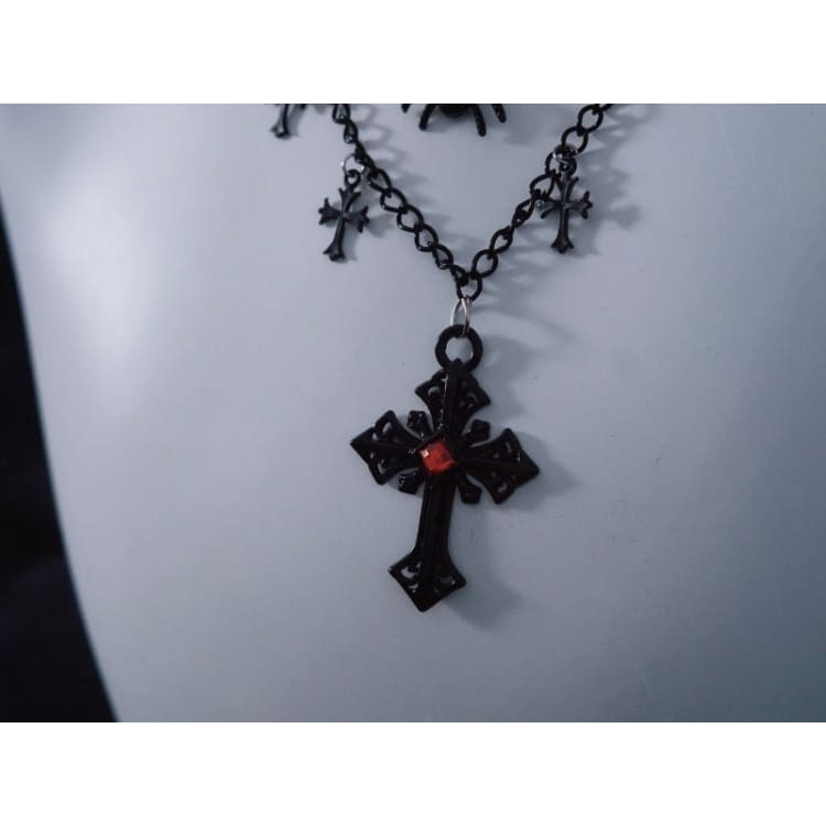 Spider Cross Pendant Black Triple Layered Necklace - Black