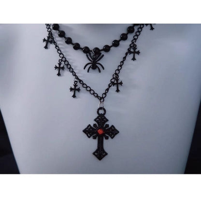 Spider Cross Pendant Black Triple Layered Necklace - Black