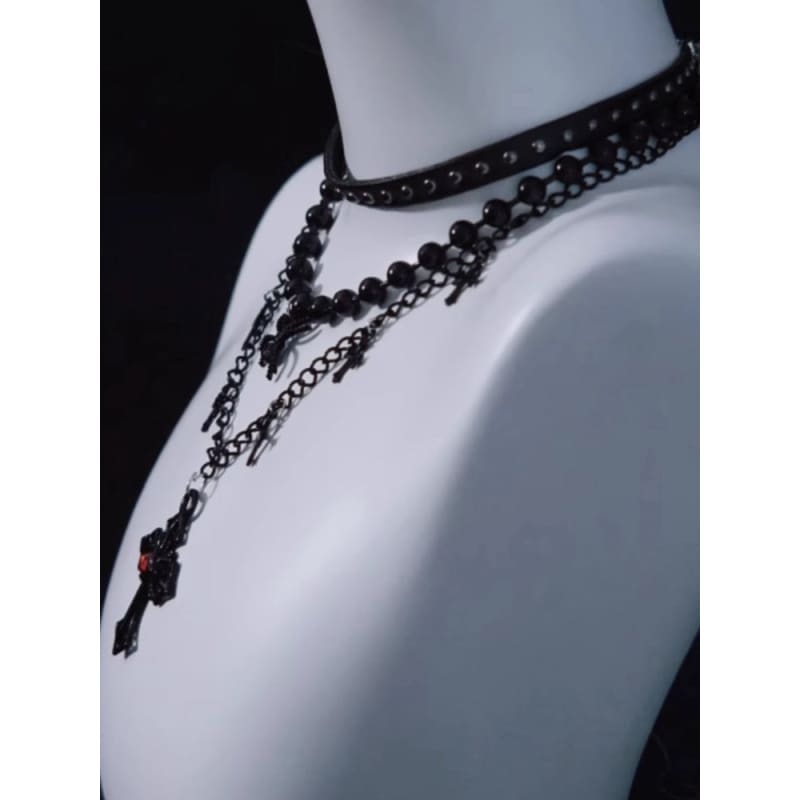 Spider Cross Pendant Black Triple Layered Necklace - Black