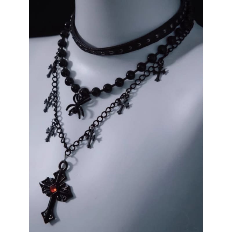 Spider Cross Pendant Black Triple Layered Necklace - Black