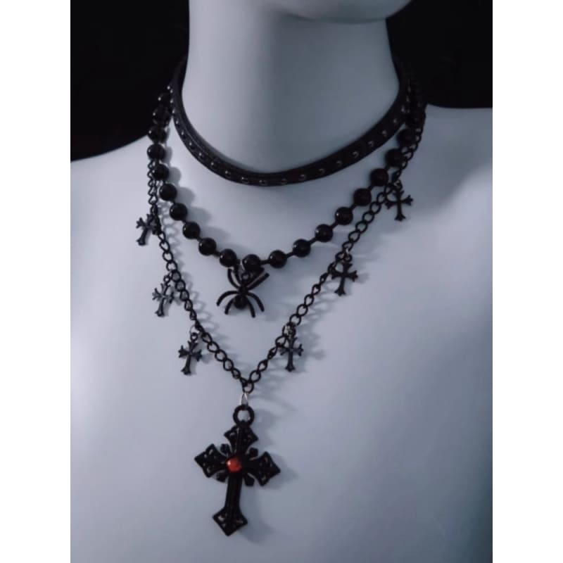 Spider Cross Pendant Black Triple Layered Necklace - Black