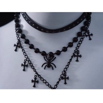 Spider Cross Pendant Black Triple Layered Necklace - Black