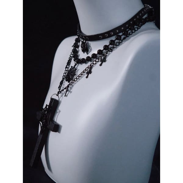 Spider Web Cross Pendant Black Triple Layered Necklace