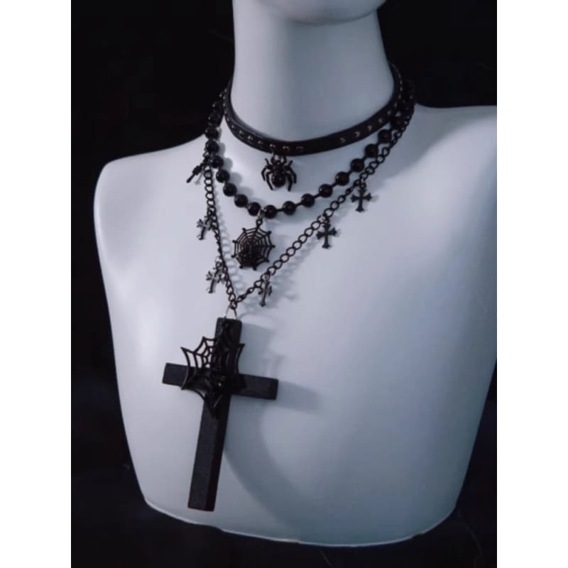 Spider Web Cross Pendant Black Triple Layered Necklace