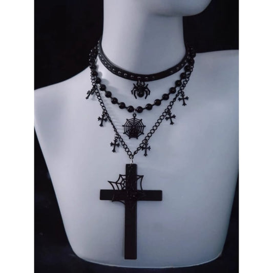 Spider Web Cross Pendant Black Triple Layered Necklace