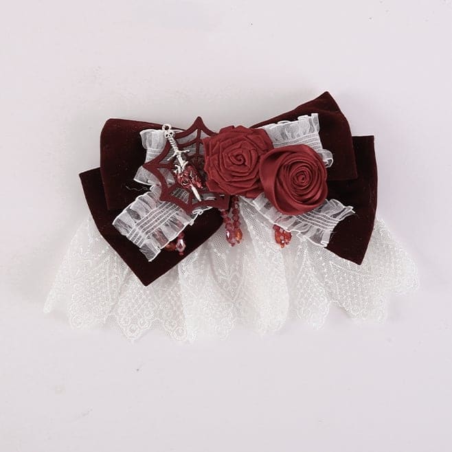 Spider Web White and Red Rosettes Big Bow Hairclip - White