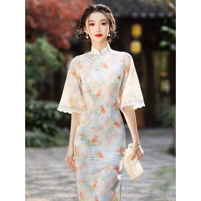 Spring Floral Wide Sleeve Long Cheongsam - Female Hanfu