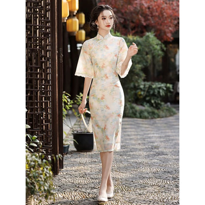 Spring Floral Wide Sleeve Long Cheongsam - S - Female Hanfu