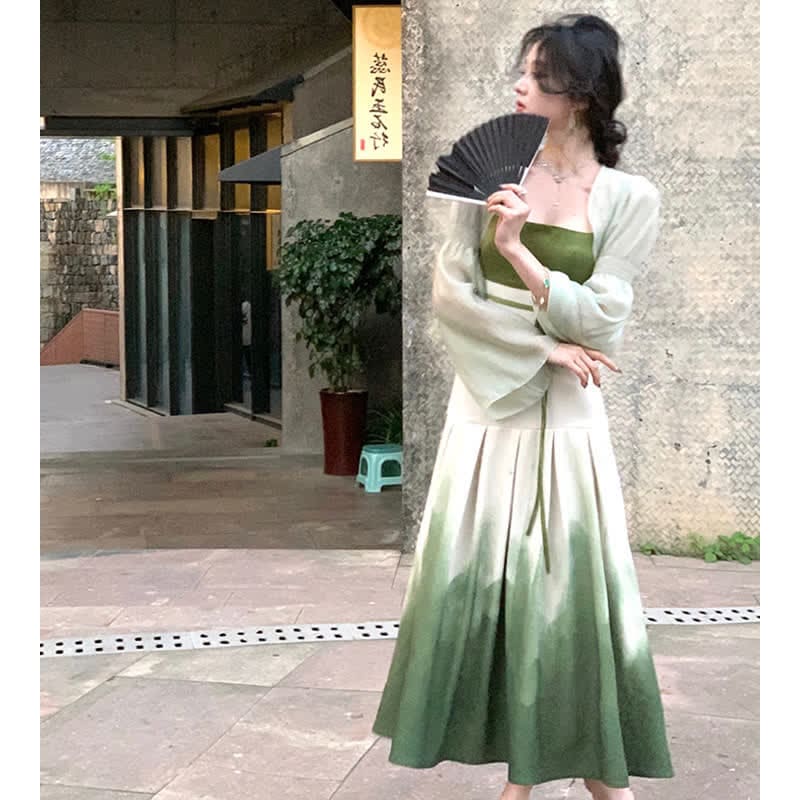 Spring Green Loose Lapel Shirt Vintage Print Slip Dress