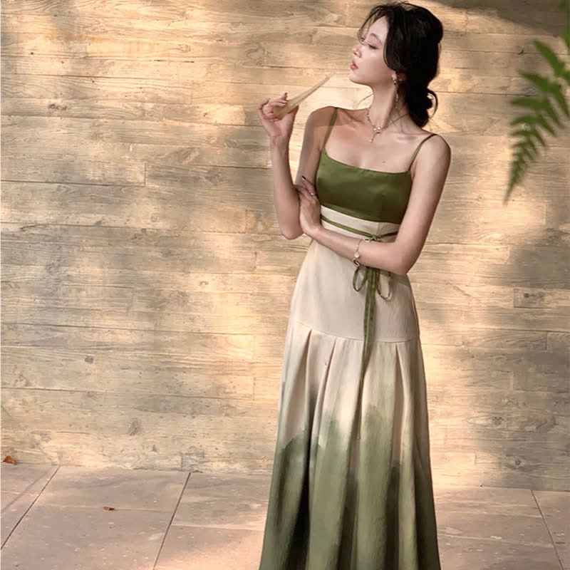 Spring Green Loose Lapel Shirt Vintage Print Slip Dress