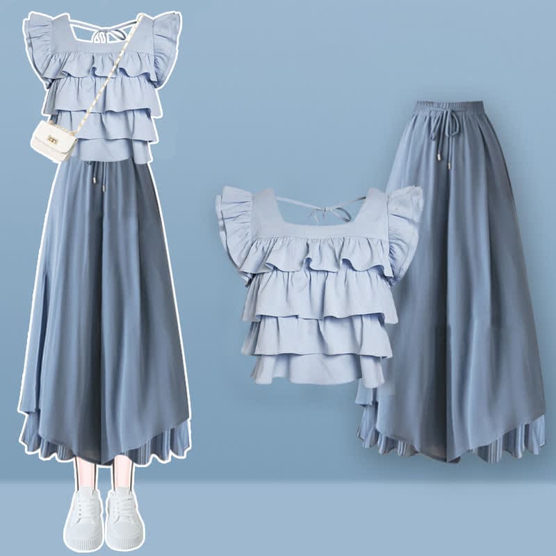 Sqaure Collar Lace Up Layered Top Blue Pantskirt