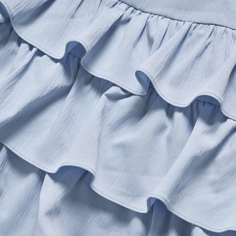 Sqaure Collar Lace Up Layered Top Blue Pantskirt